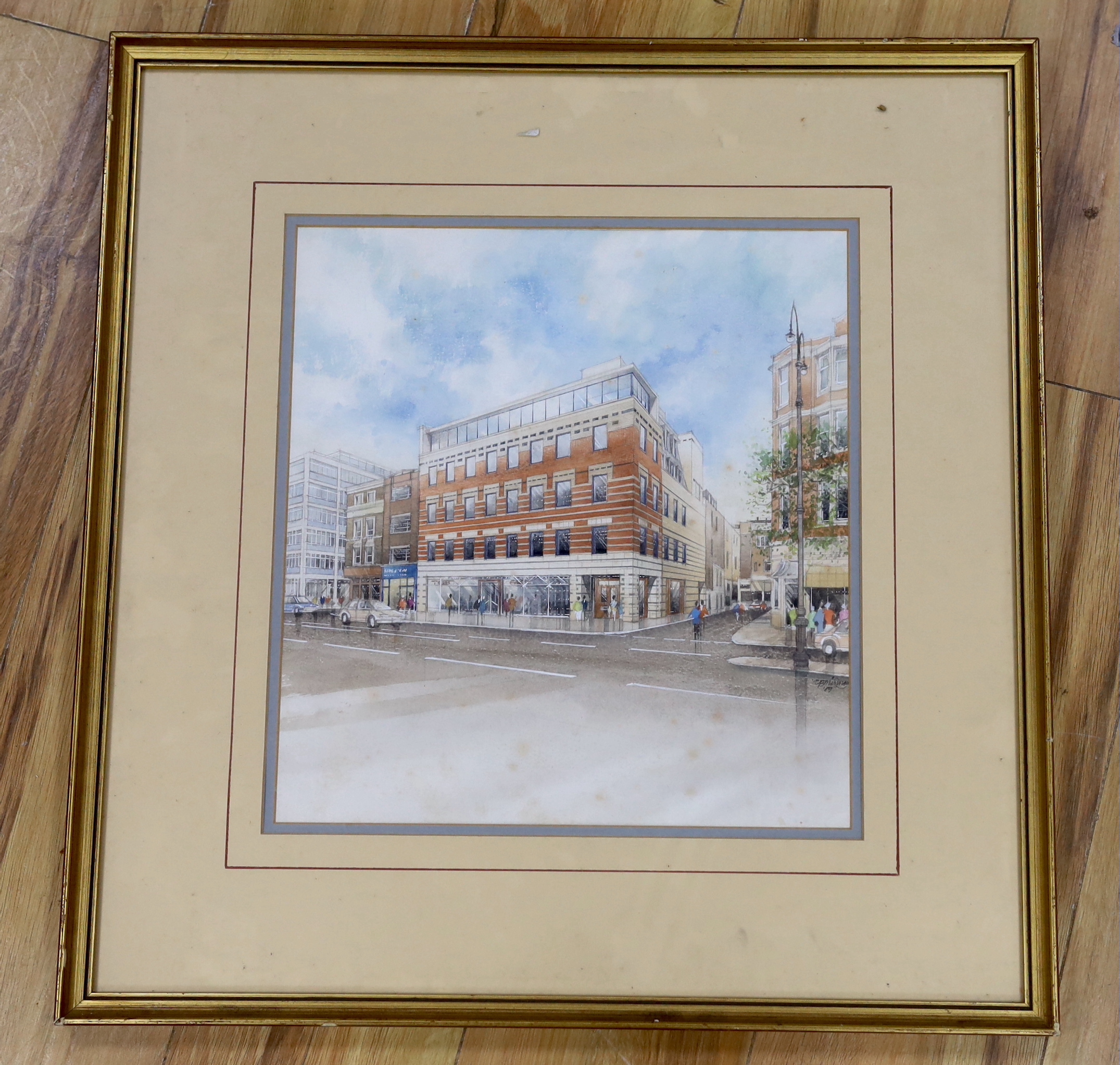 Minney, 1980's watercolour, Street scene, indistinctly signed and dated ‘89, 35 x 32cm